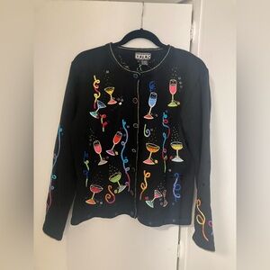 BEREK New Years Eve Party Drinks Sequin Beaded Embroidery Cardigan Sweater Sz L